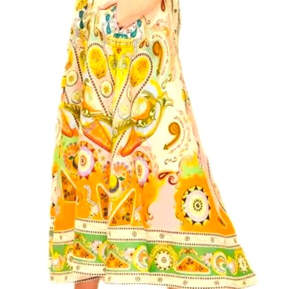 AVANT GARD Multi Color linen PAISLEY PRINT MIDI DRESS M BOAT NECK TIE BACK - Picture 4 of 7